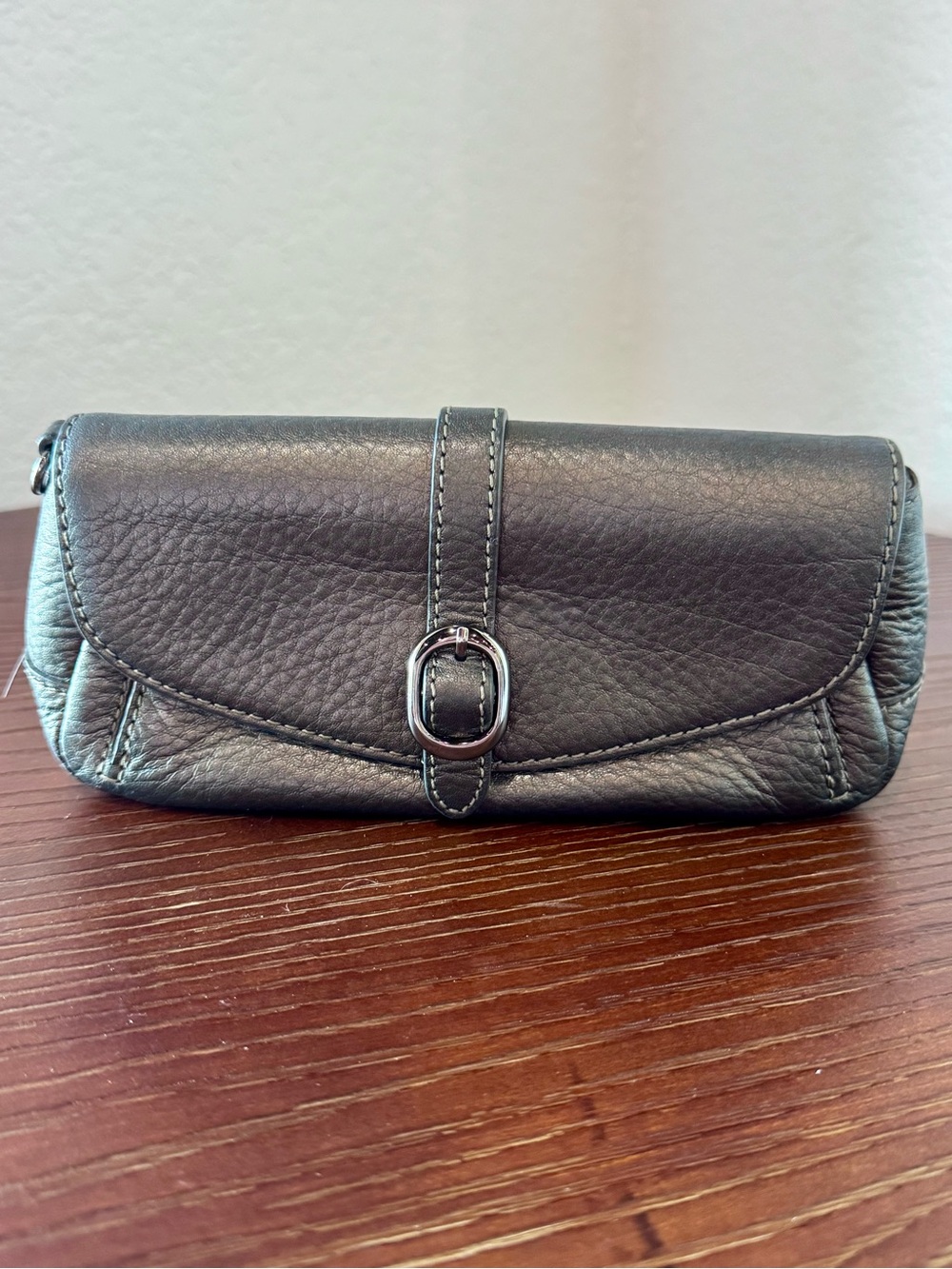 Talbots Silver / Gray Leather Wristlet / Coin Purse with Buckle